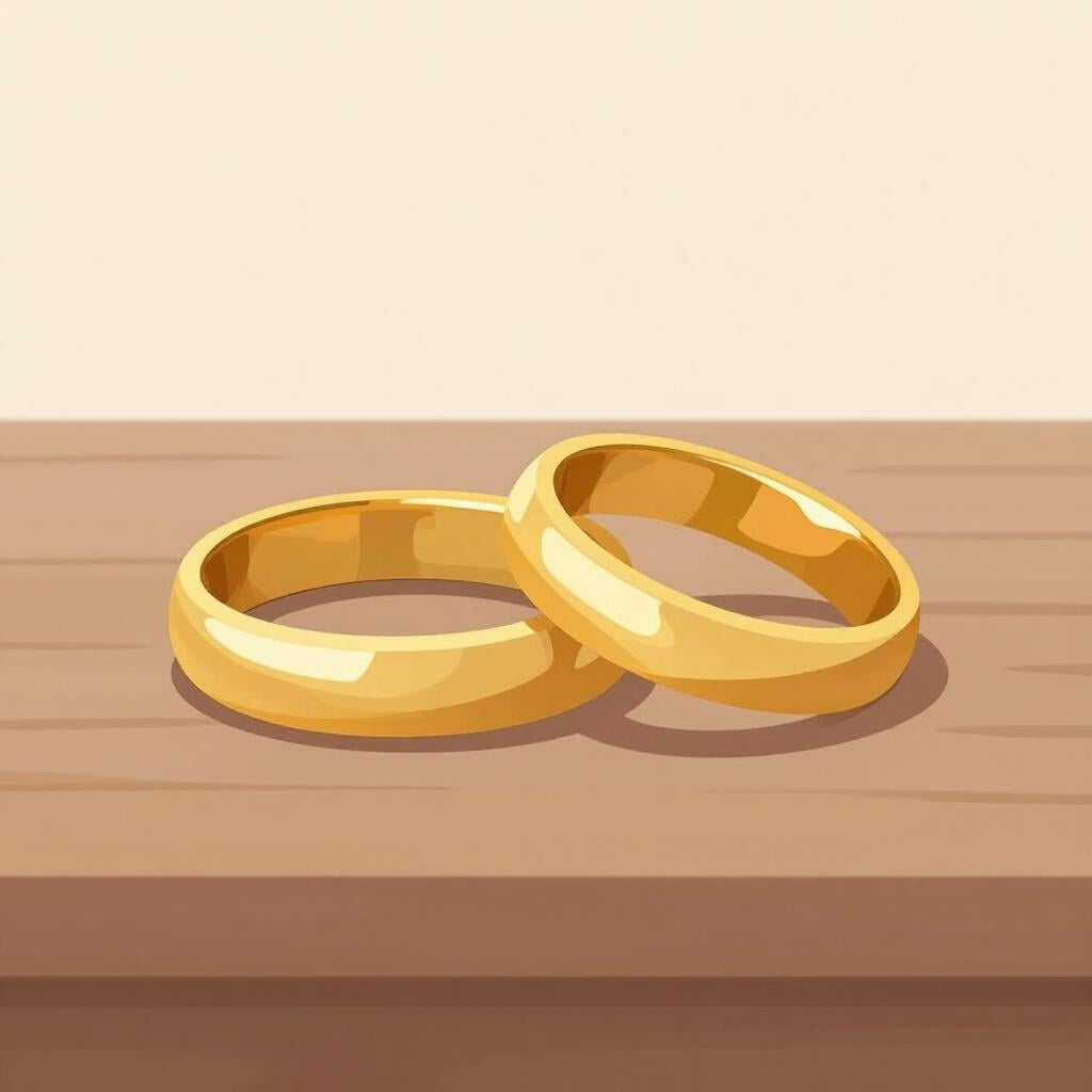 A gold wedding ring split into two separate pieces on a simple wooden surface.