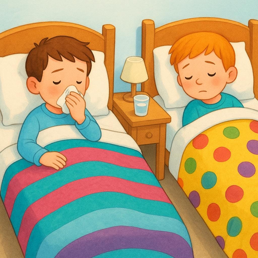 Deux jeunes garçons allongés dans des lits séparés sous des couvertures colorées, tous deux ayant l'air pâle et souffrant, illustrant l'état d'être malade.