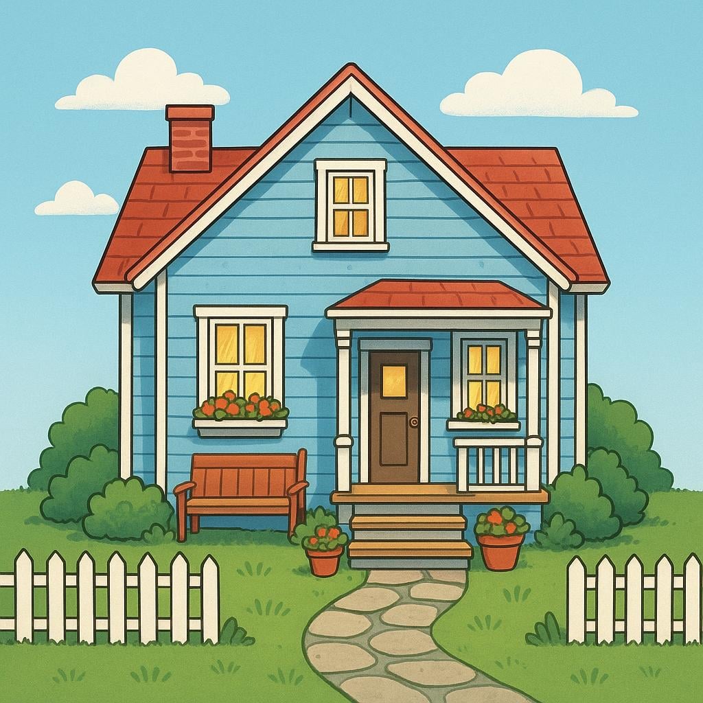 A small, brightly colored, two-story residential building with several visible windows and a welcoming front porch, depicting a cozy boarding house.