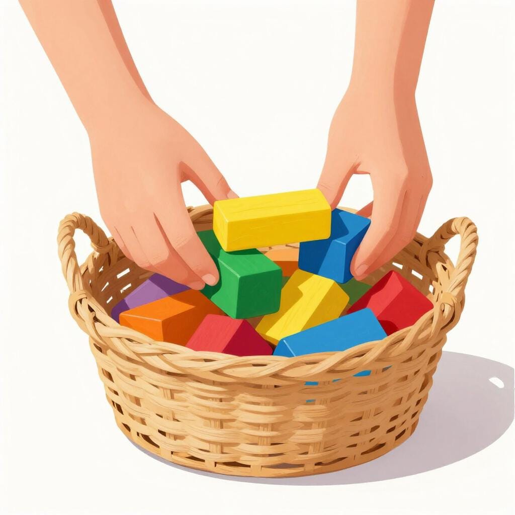 A child placing colorful wooden toy blocks into a large wicker basket.