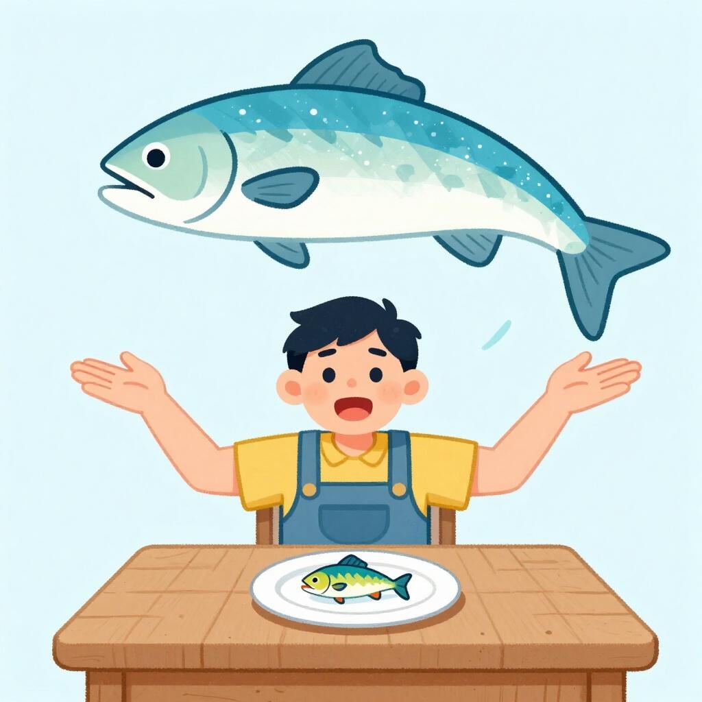 A man holding his hands very far apart to describe a tiny fish sitting on a table.