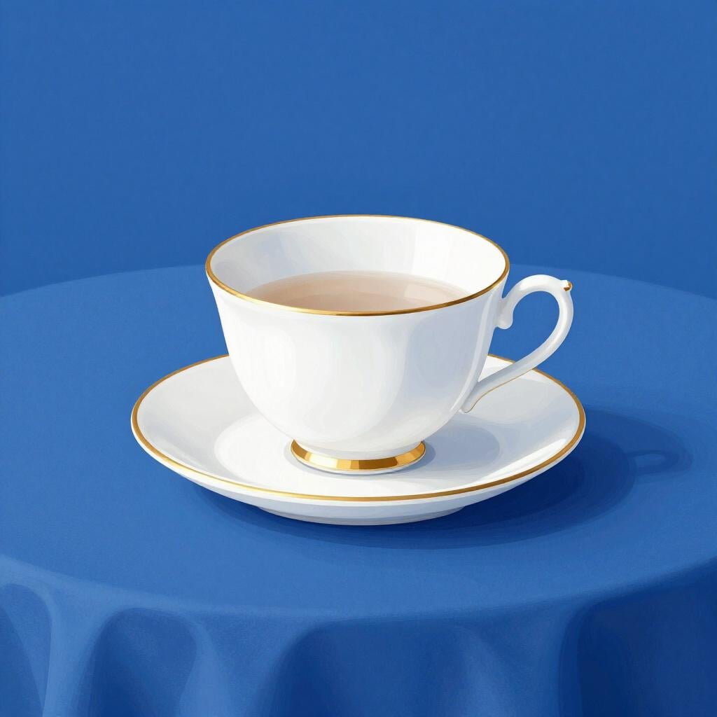 A white porcelain teacup with a gold rim sitting on a matching saucer on a silk tablecloth.