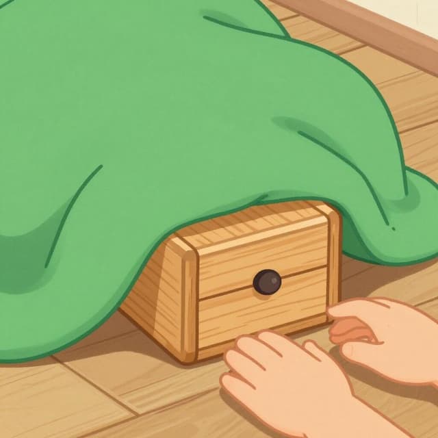 A child hiding a small wooden toy box under a thick green blanket on a wooden floor.
