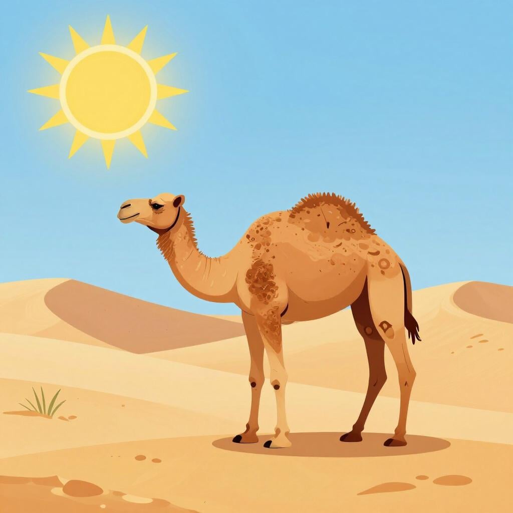 A camel with two humps standing on a sand dune in a vast desert.