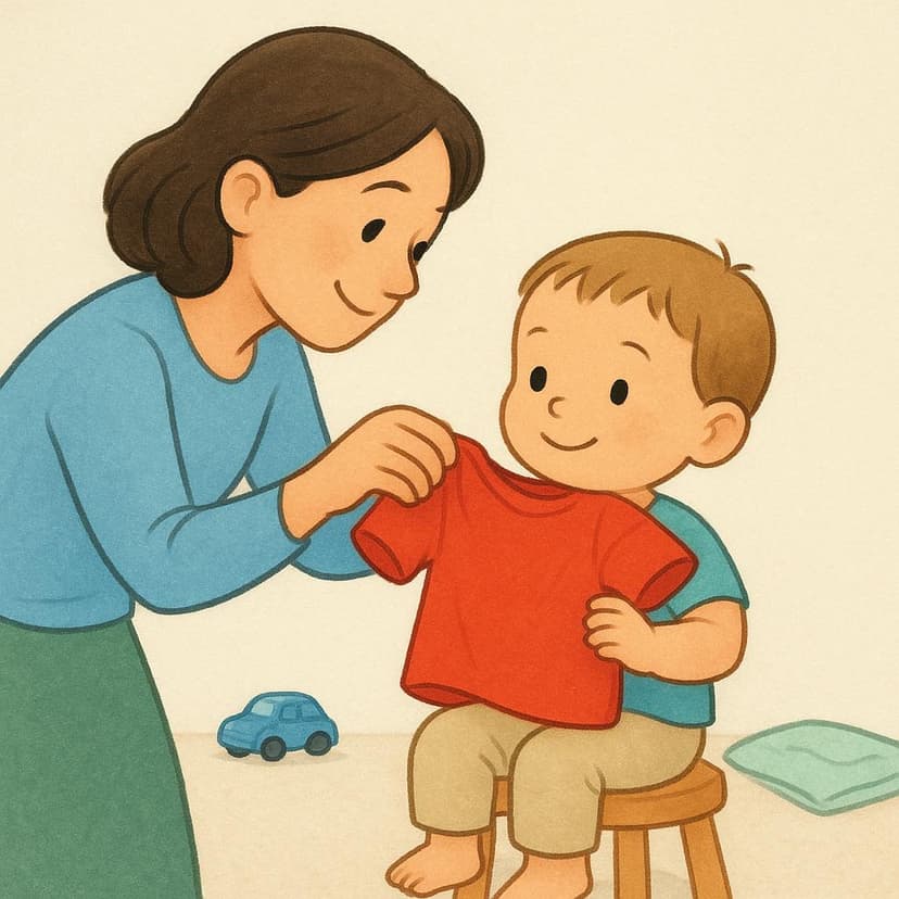 A mother gently pulling a bright red shirt over the head of her smiling young child.