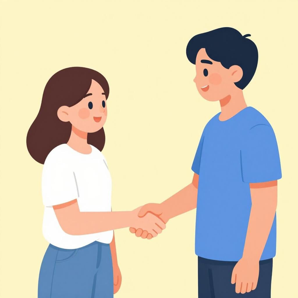 Two people smiling and shaking hands warmly to express gratitude.