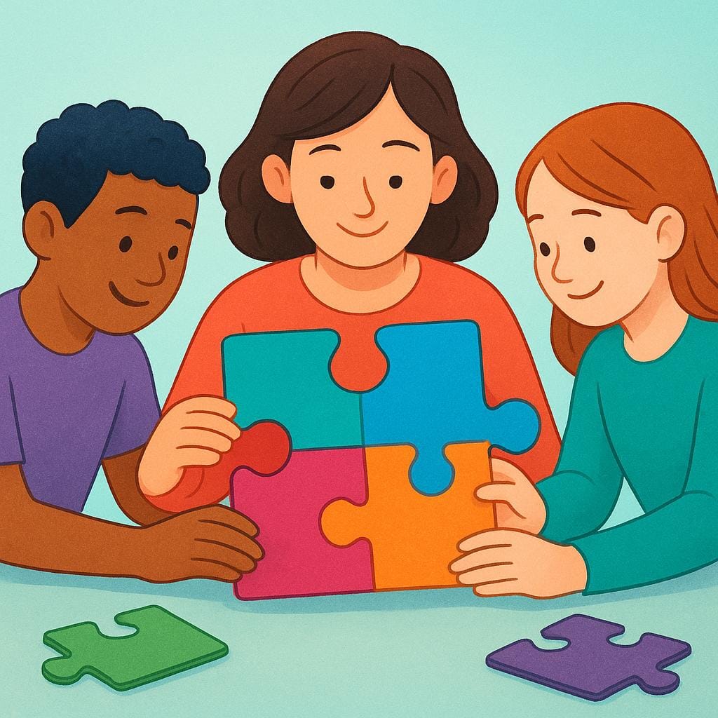 A woman smiling while actively participating in assembling a large, colorful puzzle with two other people, showing high involvement.