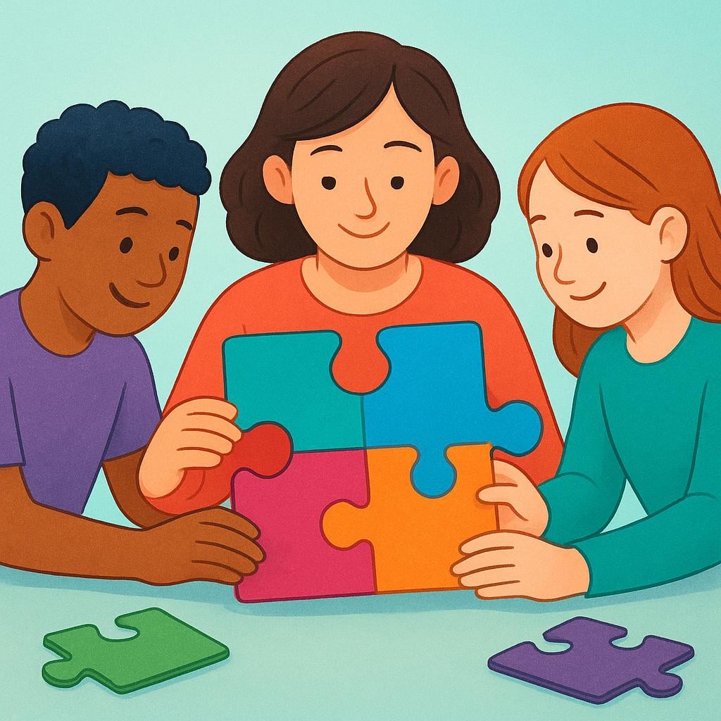 A woman smiling while actively participating in assembling a large, colorful puzzle with two other people, showing high involvement.