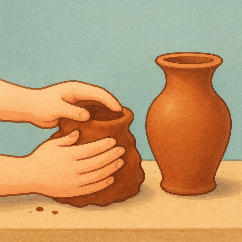 A lump of soft, brown clay actively being molded and shaped into a smooth, finished vase by a pair of gentle hands, symbolizing undergoing a process.