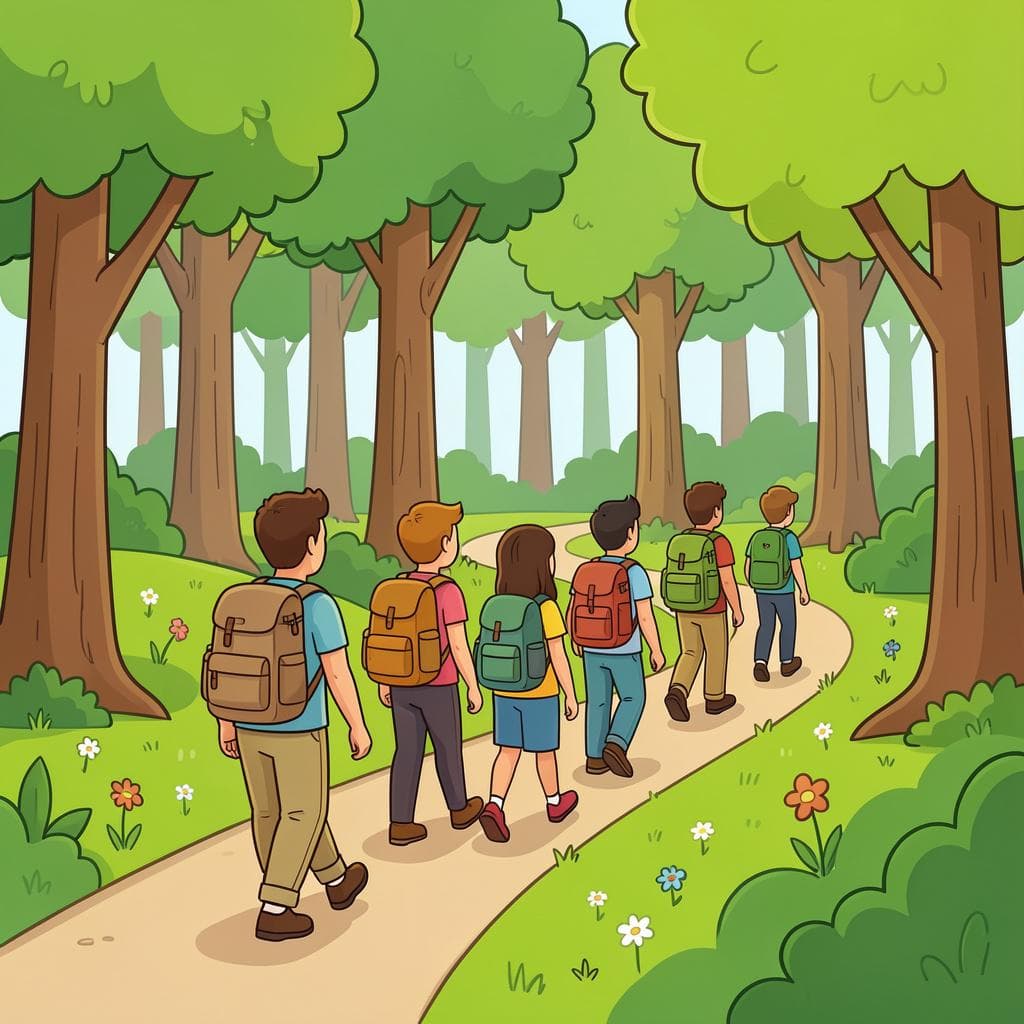 Une famille heureuse avec des sacs à dos marchant le long d'un sentier forestier ensoleillé.