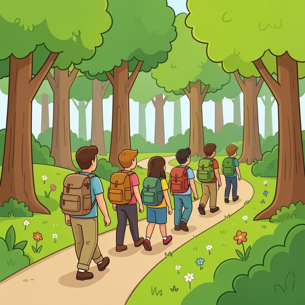 Uma família feliz com mochilas caminhando por uma trilha ensolarada na floresta.