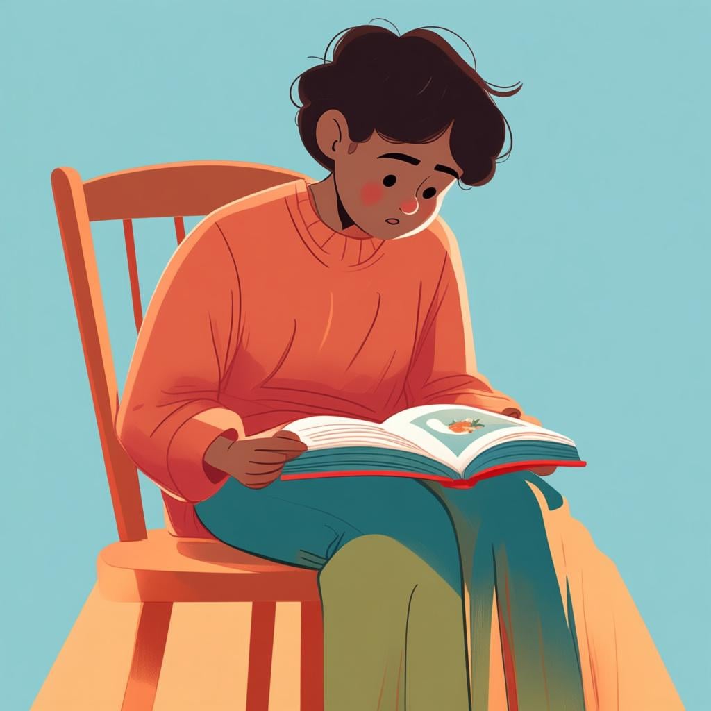 A person sitting comfortably, engrossed in reading an open book with an expression of deep interest and concentration.