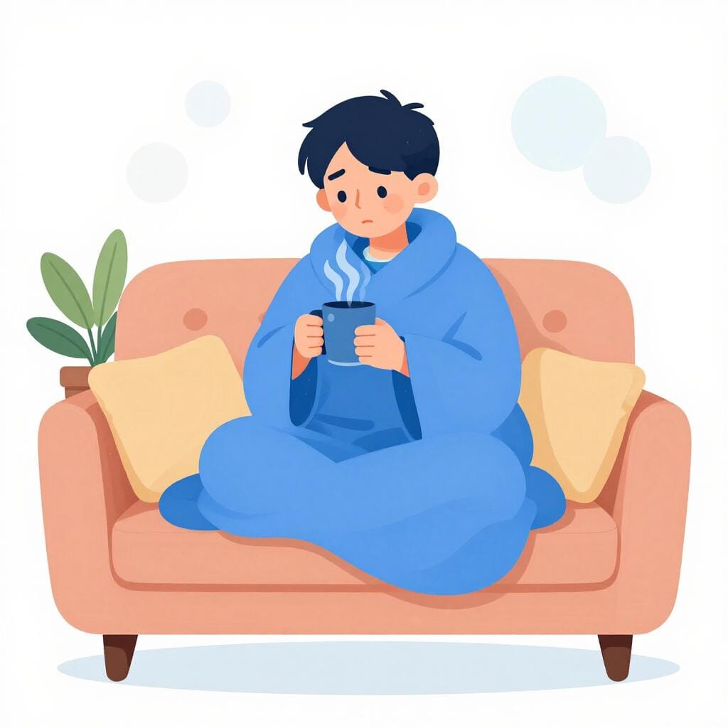 A person sitting on a sofa with a blanket, holding a warm mug and looking slightly tired with a thermometer nearby.
