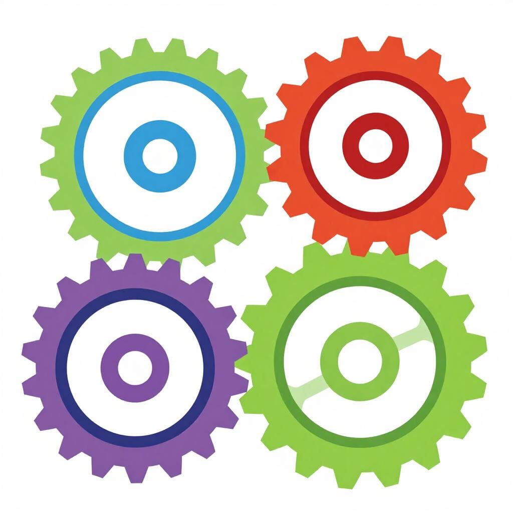 A colorful illustration of large interlocking gears turning together smoothly inside a machine.