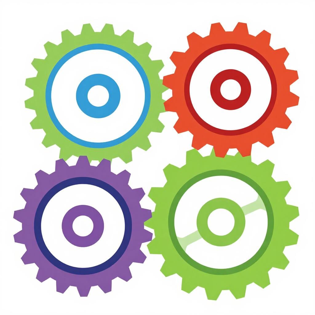 A colorful illustration of large interlocking gears turning together smoothly inside a machine.