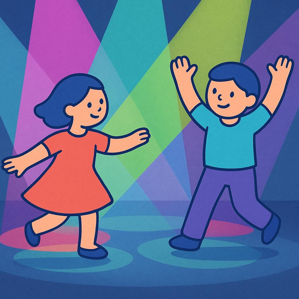 An illustration of two silhouetted figures joyfully dancing under vibrant, multicolored nightclub lights.