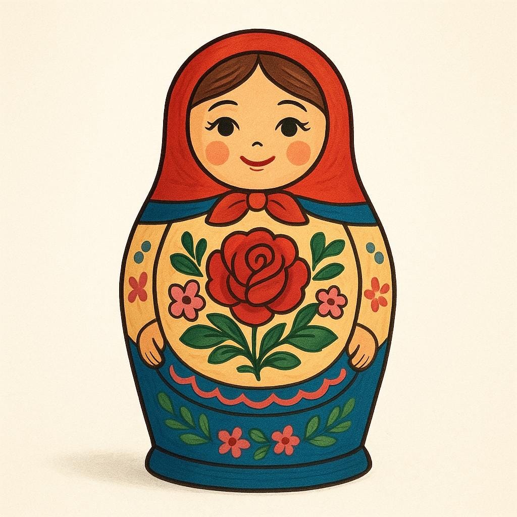 Uma única boneca russa de Matryoshka de cores vivas, pintada com padrões florais tradicionais.