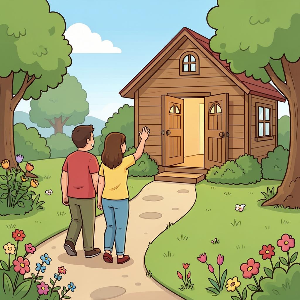 A group of happy travelers turning around and walking back towards a cozy wooden cottage.