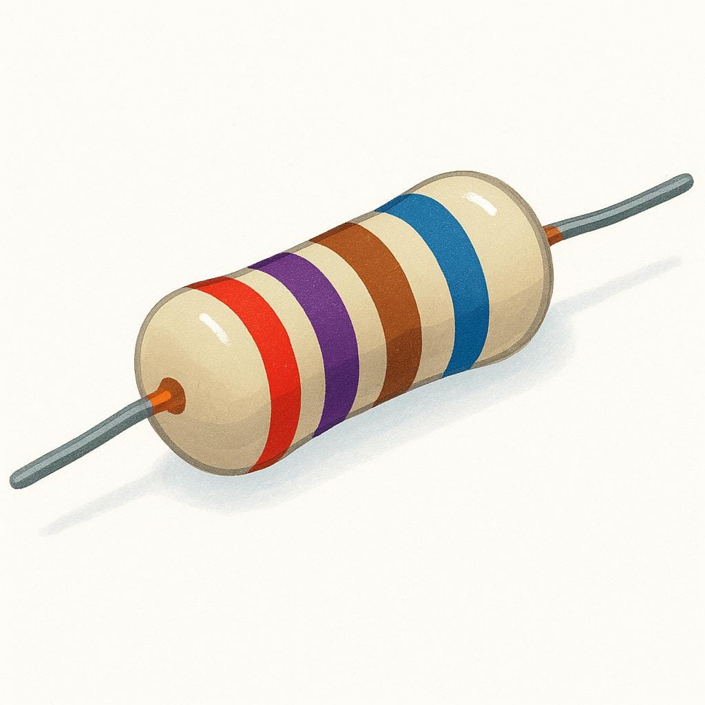 A close-up of a standard, small cylindrical electronic resistor component with colored bands connecting two simple wires in a circuit.