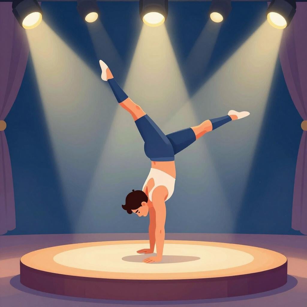 A joyful acrobat performing a impressive handstand on a small stage.