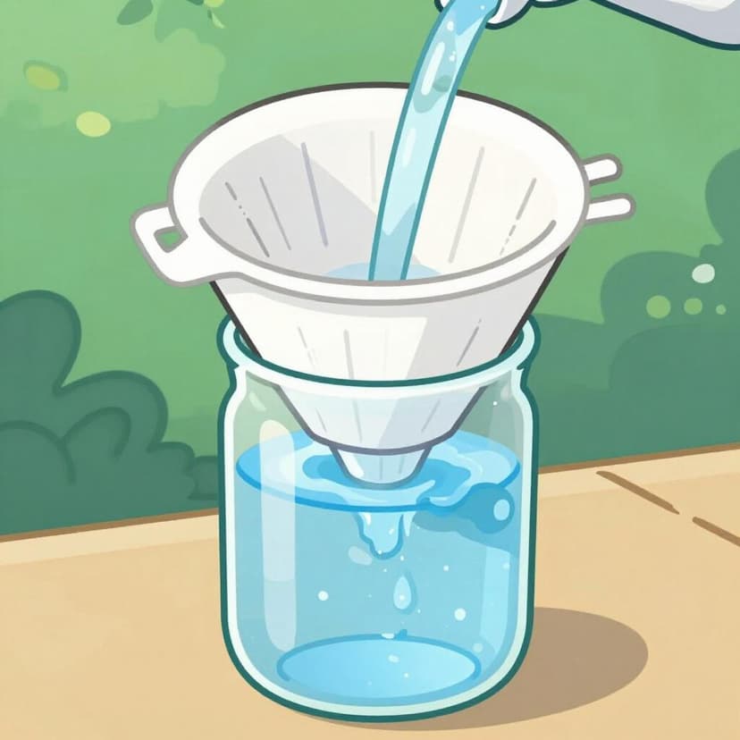 Acqua limpida che gocciola attraverso un filtro bianco a forma di cono in un barattolo di vetro.
