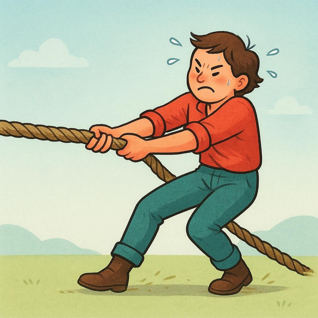 A single determined person is straining and sweating while pulling a very thick, heavy rope, illustrating the intense effort of struggling toward a difficult goal.