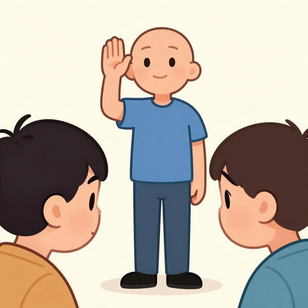 A colorful storybook illustration of a figure standing with a raised hand signaling for silence and attention. Two other figures are leaning forward with focused expressions, clearly listening intently.