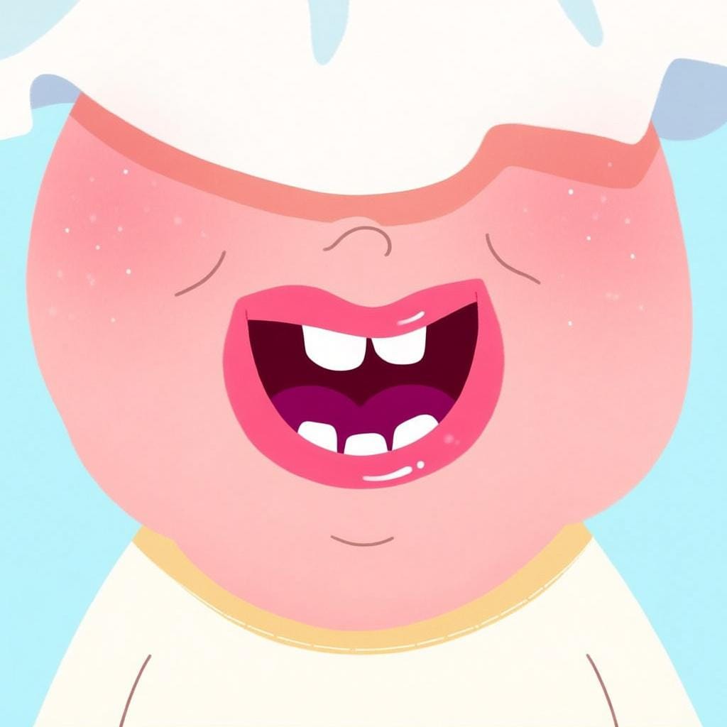 A close-up illustration of a human mouth, slightly open, showing pink lips and a few white teeth, set against skin.