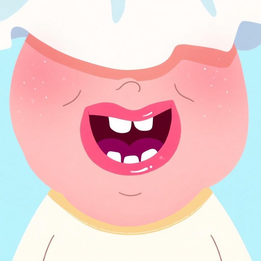 A close-up illustration of a human mouth, slightly open, showing pink lips and a few white teeth, set against skin.