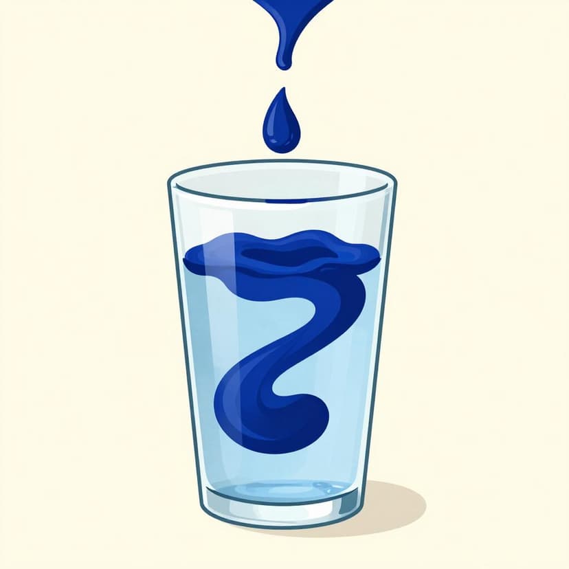 A drop of dark blue liquid falling into a glass of clear water, causing the color to spread and fade.