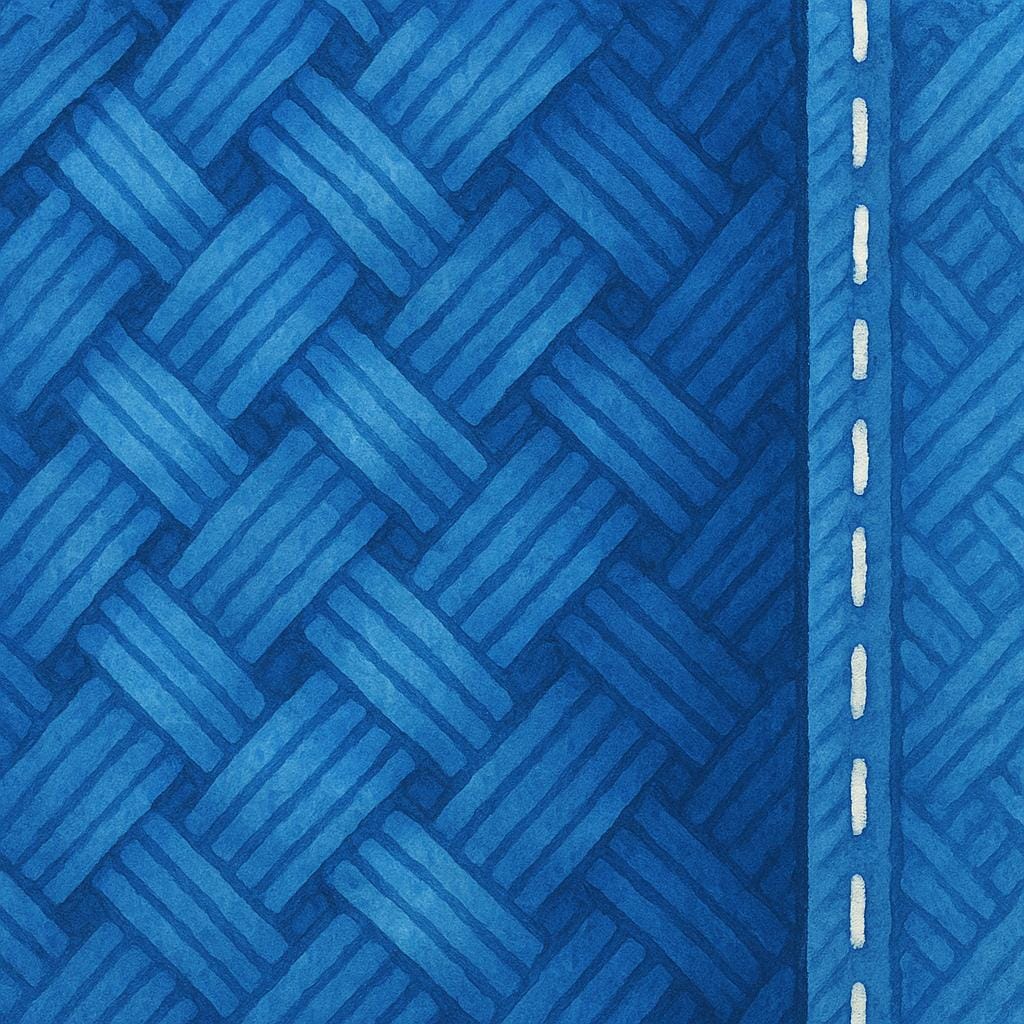 Uma visão em close-up da textura tecida azul distinta do tecido jeans, renderizada em um estilo de livro de histórias colorido.