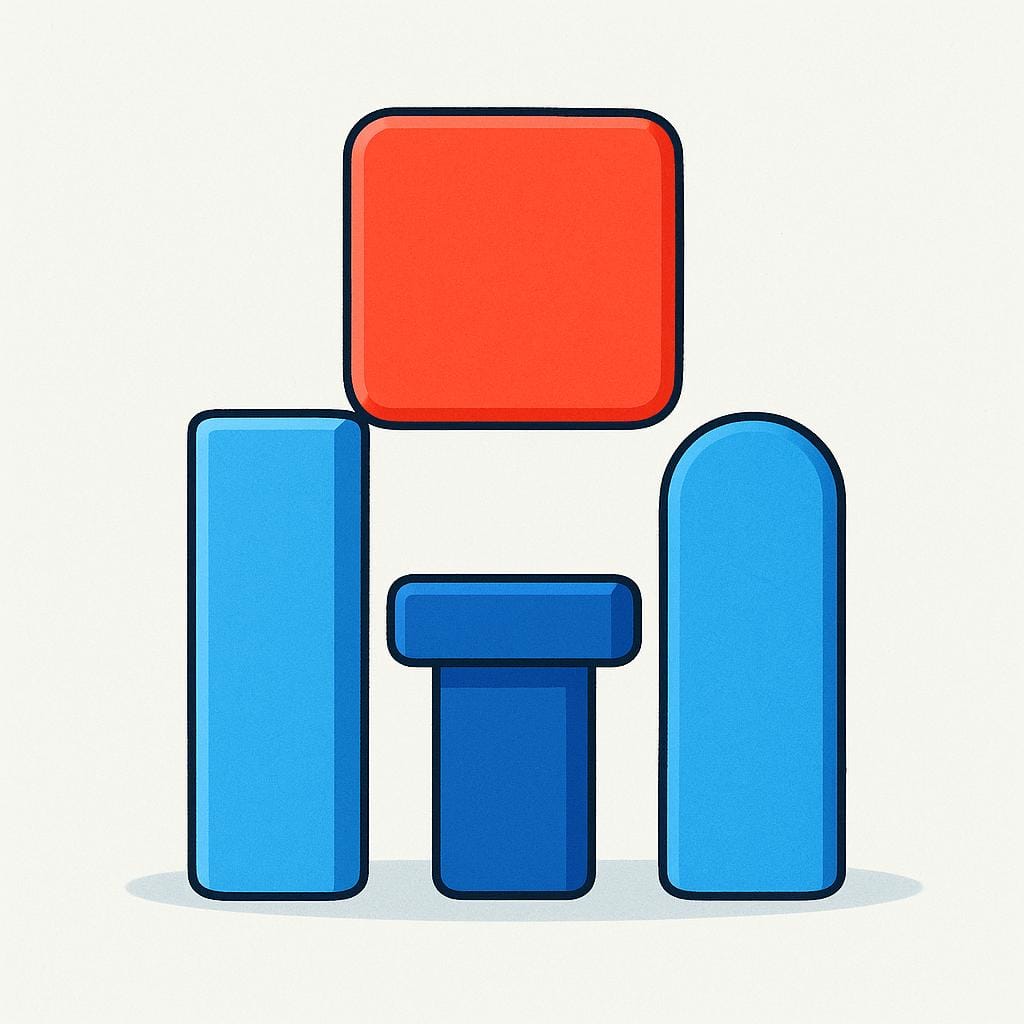 A simple illustration showing a red square block perfectly balanced on top of three distinct, simple blue cylindrical pillars, emphasizing support.