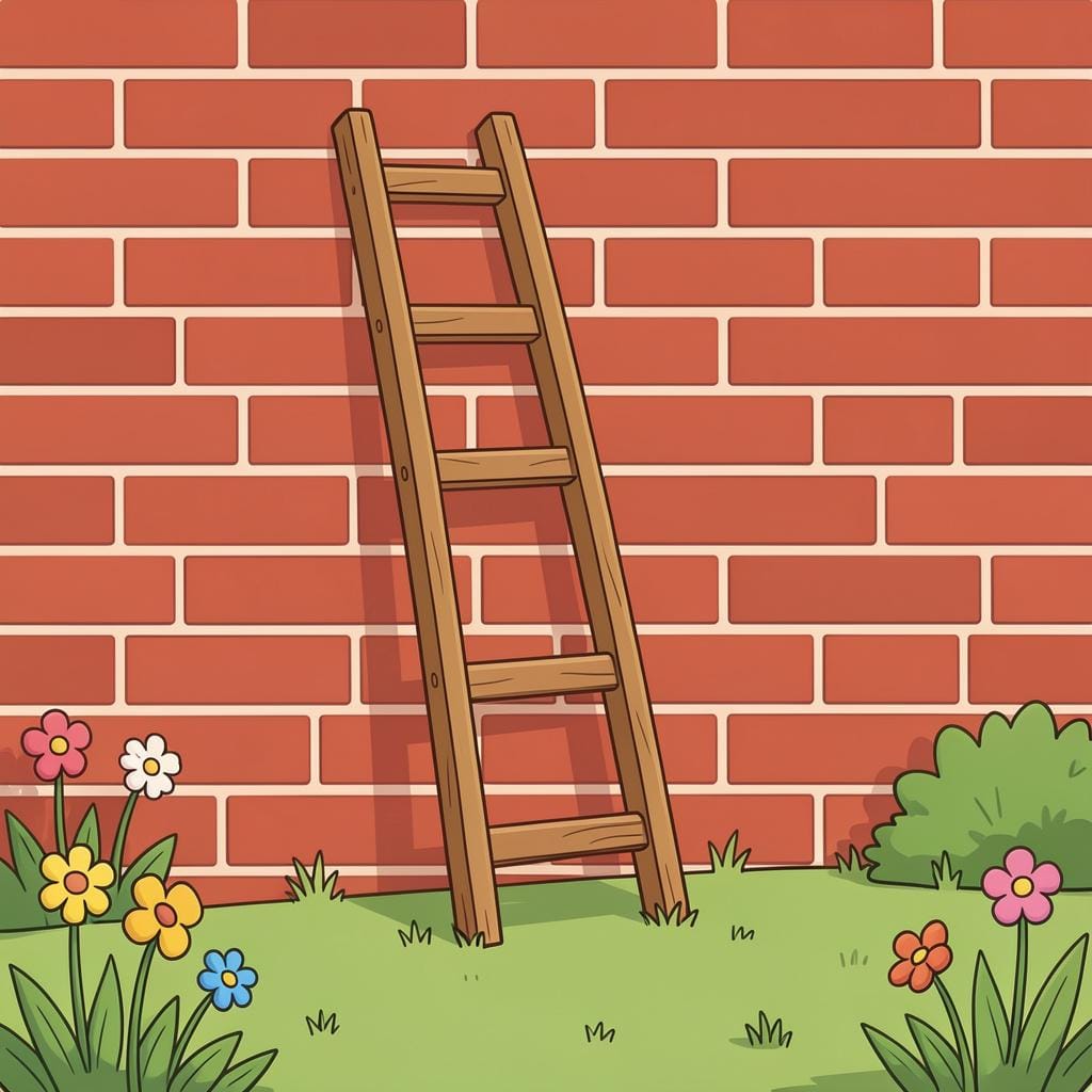 A wooden ladder resting against a sturdy brick wall.