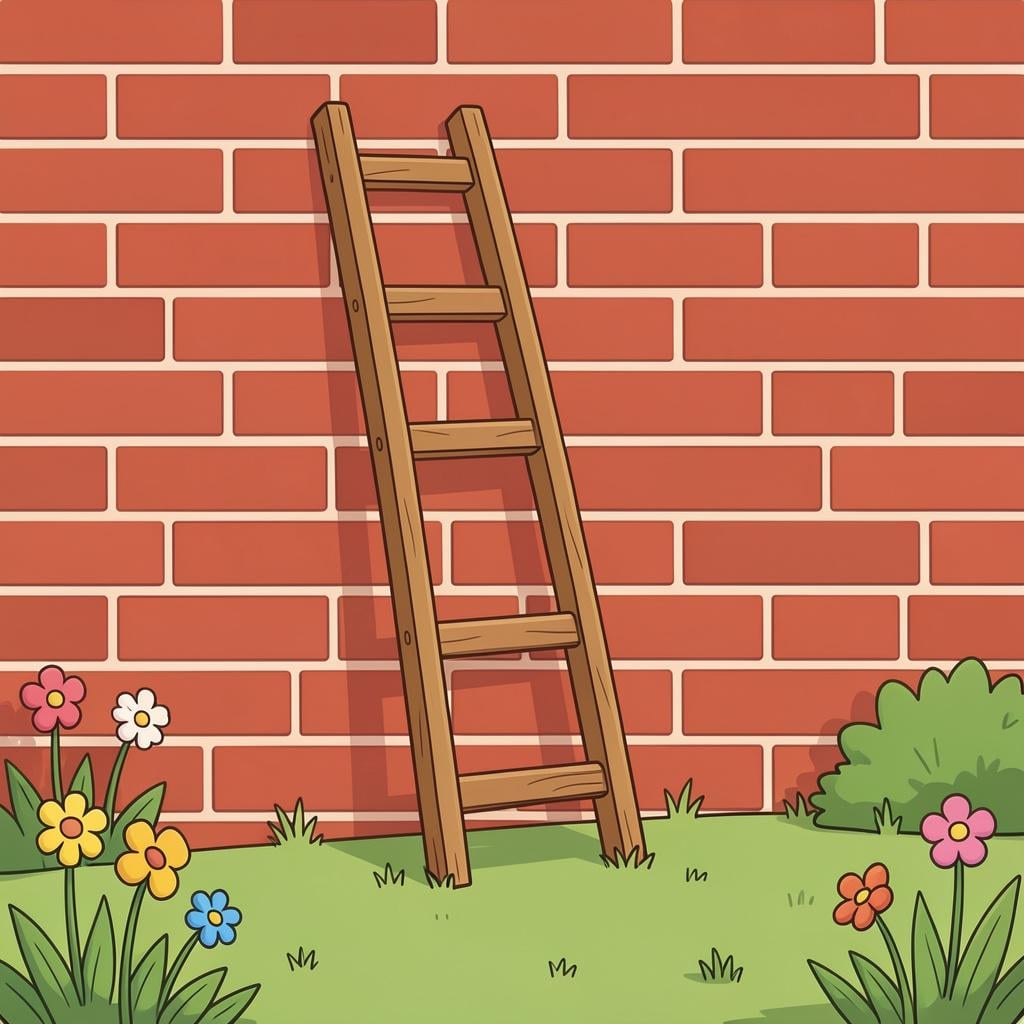 A wooden ladder resting against a sturdy brick wall.