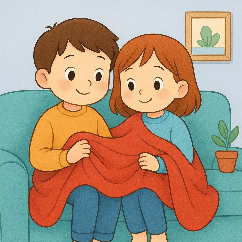 Two simple storybook characters, a boy and a girl, sitting side-by-side on a couch, smiling and wrapped together in a single large, warm, red blanket, illustrating the sensation of feeling.