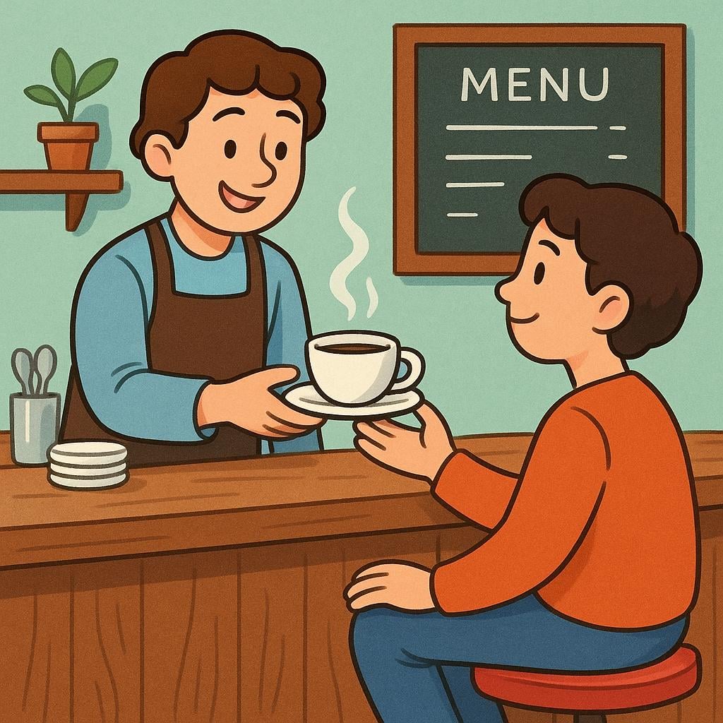 A friendly bartender standing behind a long wooden bar counter, serving a cup of coffee to a customer sitting on a red stool.
