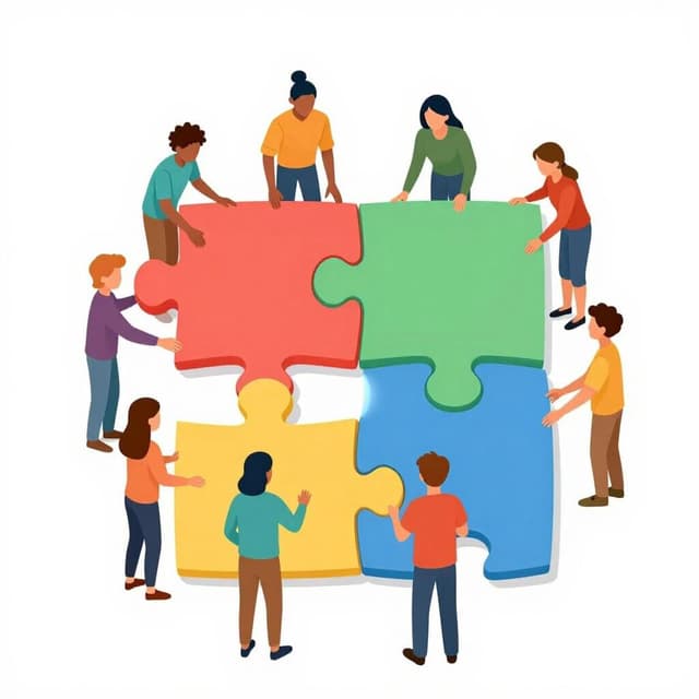 Eine Gruppe bunter Arbeiter setzt große Puzzleteile zusammen, um einen Weg zu bilden.