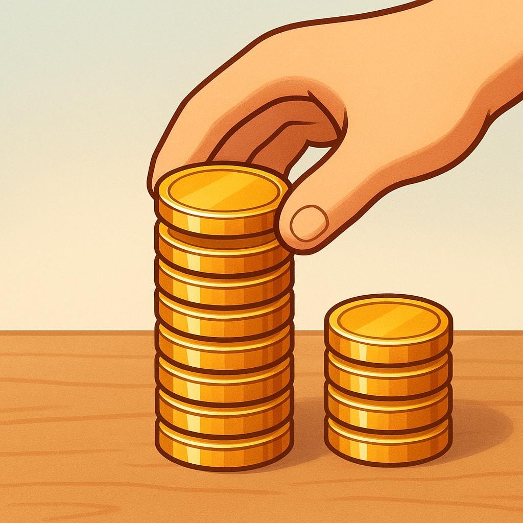 A cartoon hand placing a tall, fresh stack of gold coins onto a smaller, existing stack of coins on a simple desk surface, symbolizing a salary raise.
