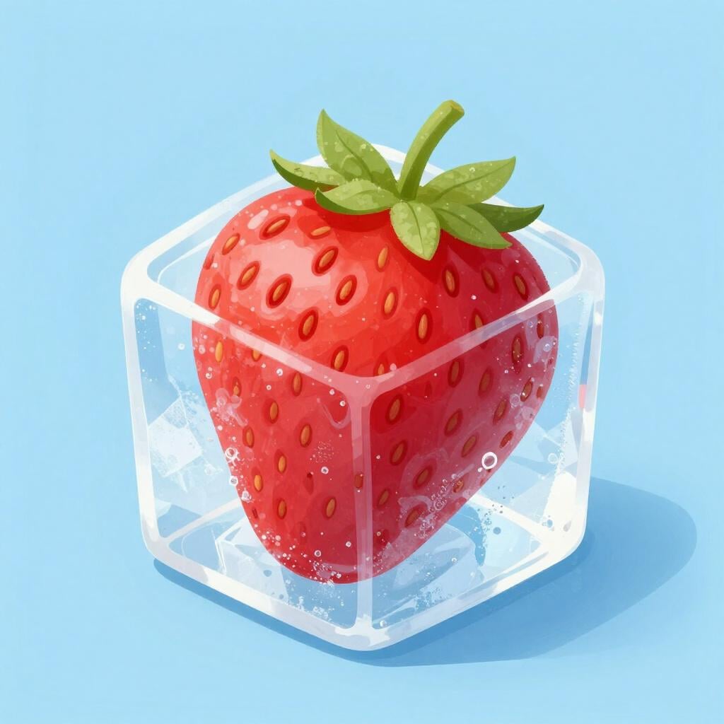 A single bright red strawberry encased inside a clear, solid ice cube, perfectly preserved and fresh.