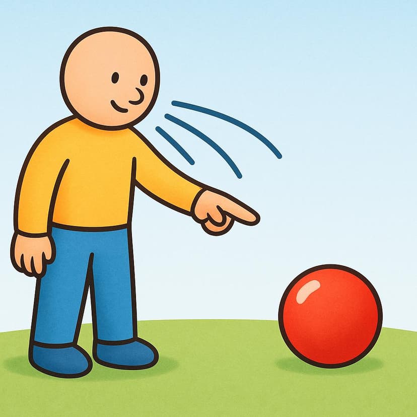 A simple figure pointing directly at a distinct object, such as a bright red ball, indicating that they are mentioning it.