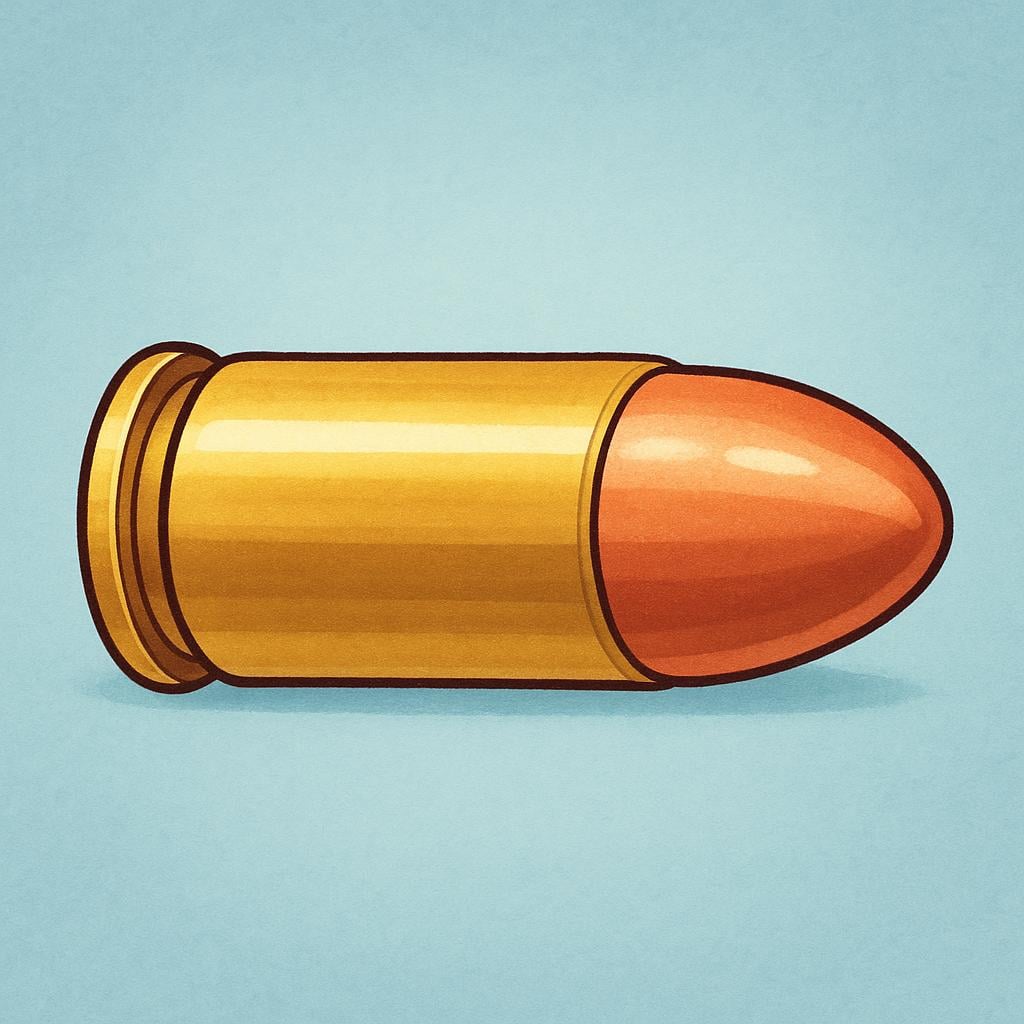 A single, shiny brass and copper bullet cartridge resting on a flat surface.