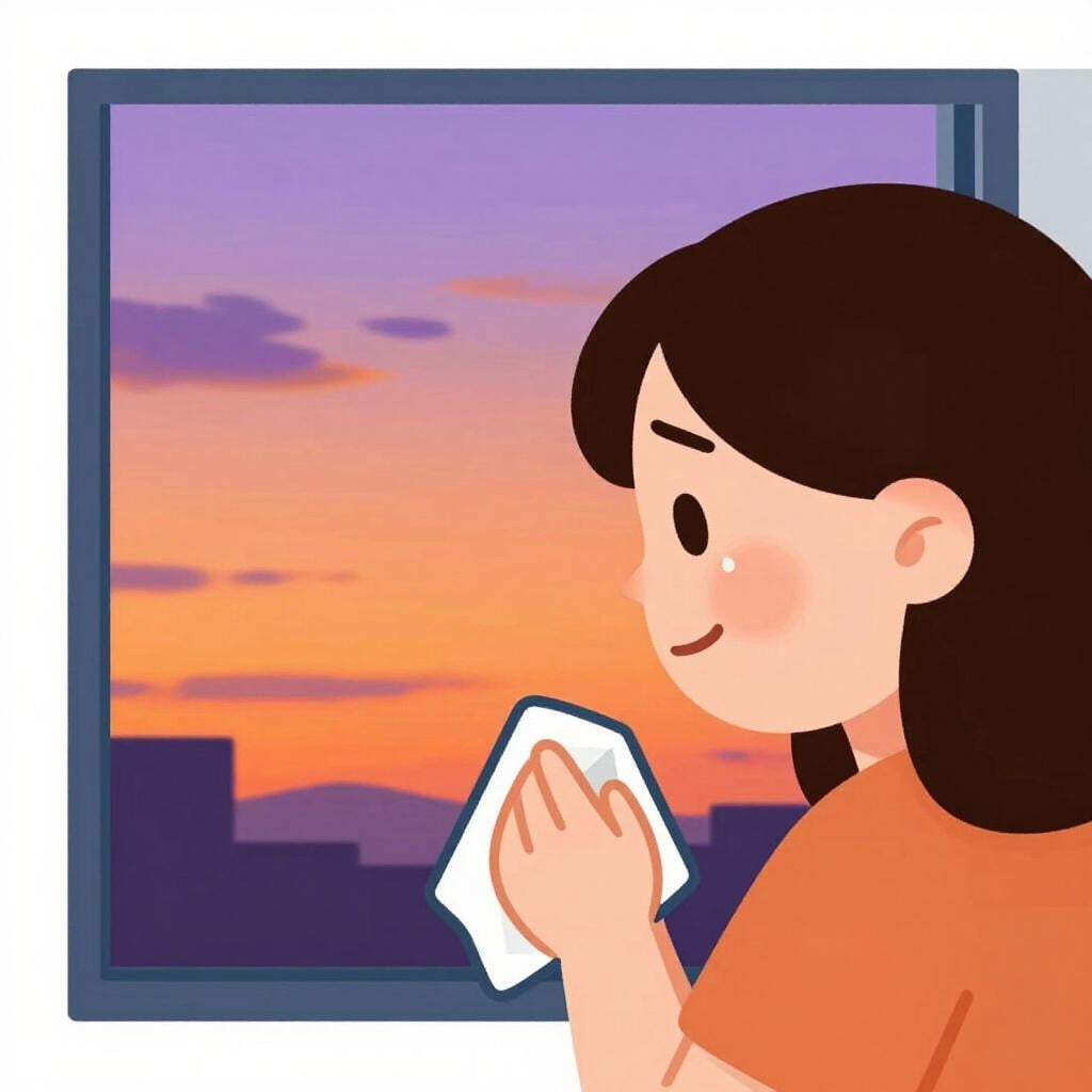 A person with a gentle smile and glistening eyes, wiped by a handkerchief, looking at a beautiful sunset.