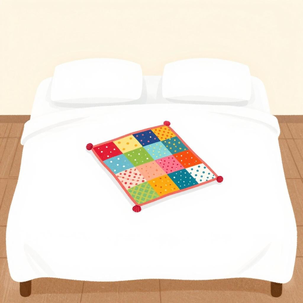 A tiny patchwork blanket sitting in the middle of a very large bed, showing it is not enough to cover the surface.