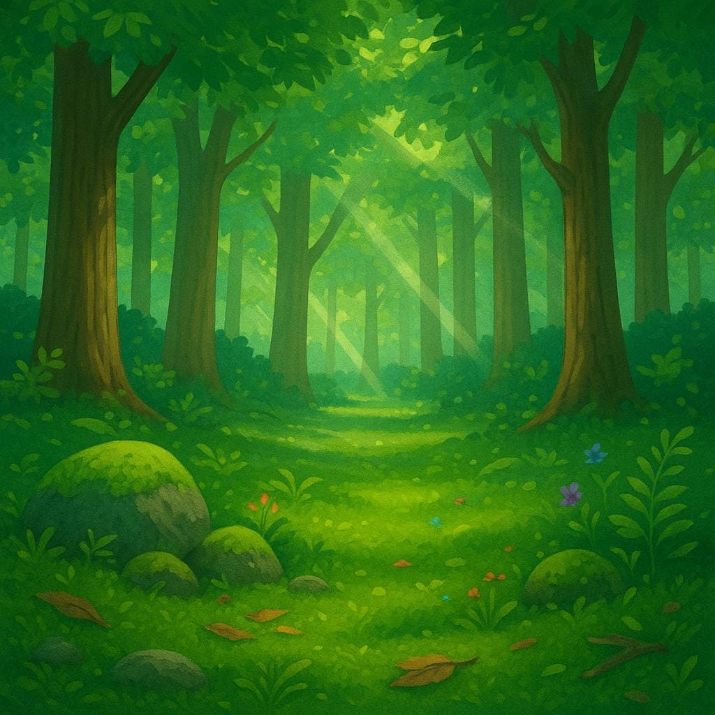 A lush, green forest scene with sunlight filtering through the canopy, representing a natural environment.