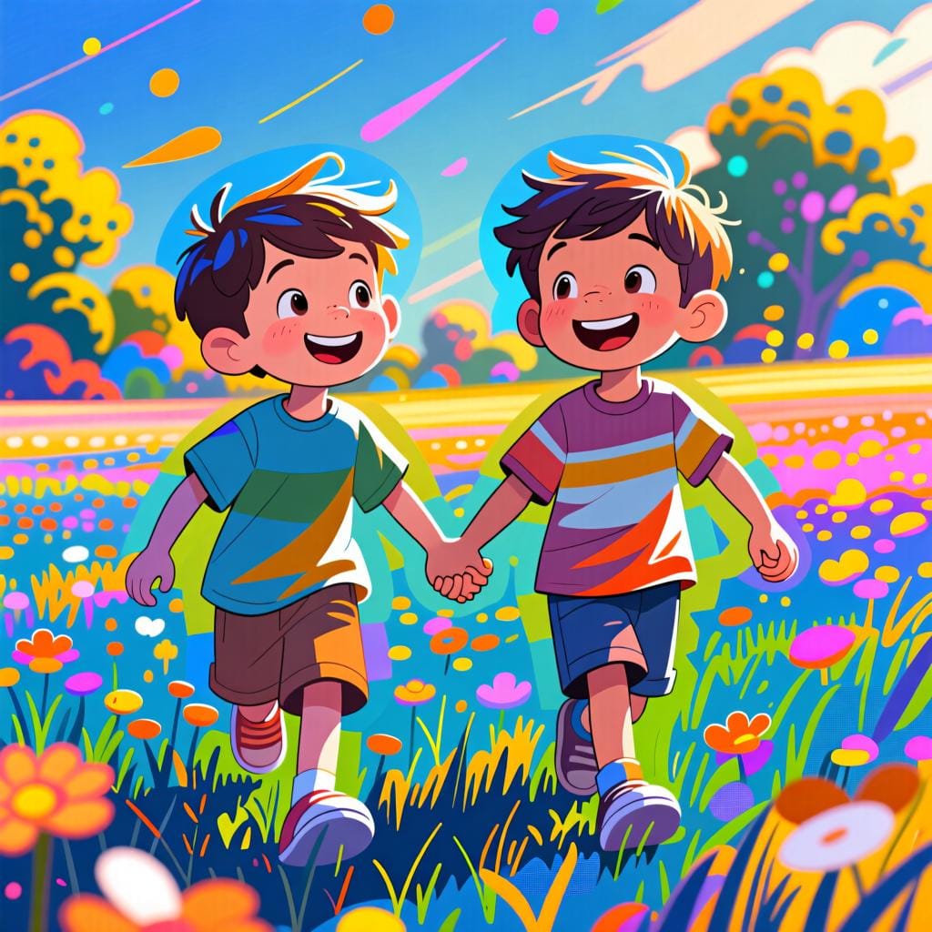 Dois meninos felizes sorrindo e de mãos dadas em um campo ensolarado.