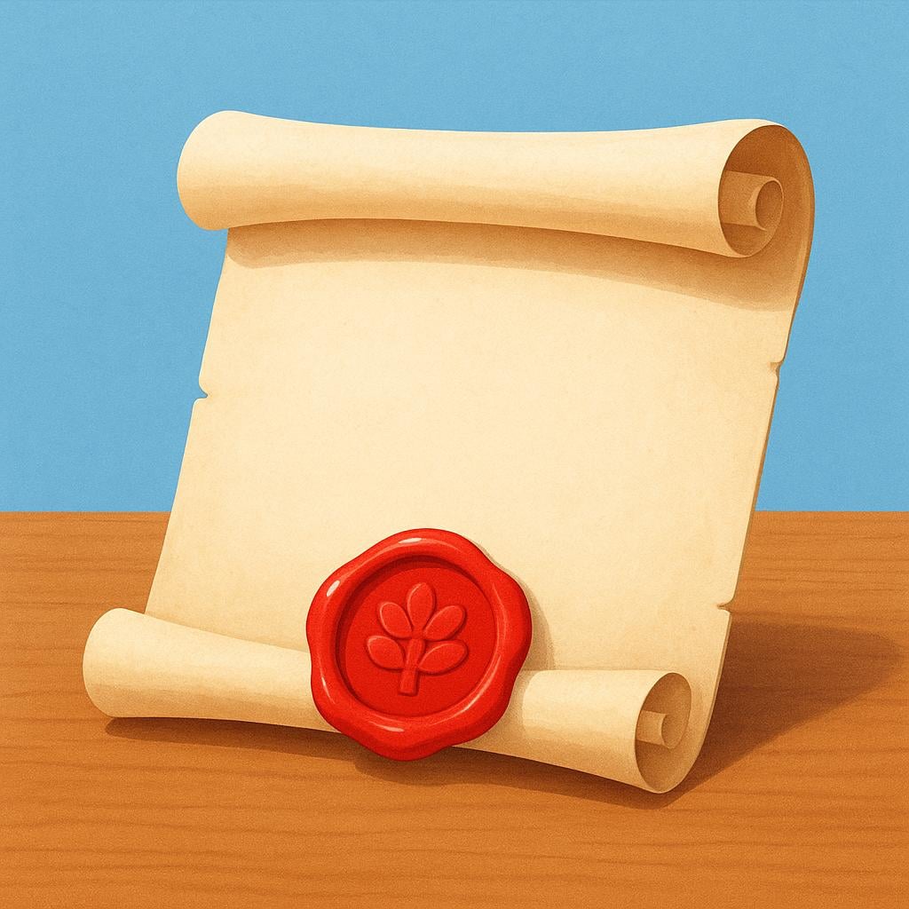 A royal scroll with a bright red wax seal sitting on a wooden table, representing an official declaration.