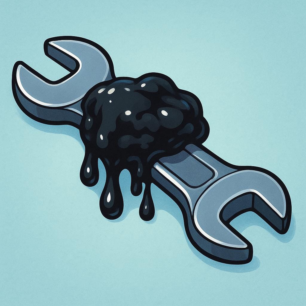 A simple, shiny, dark gray metal wrench covered in a thick, black, viscous glob of industrial automotive grease.
