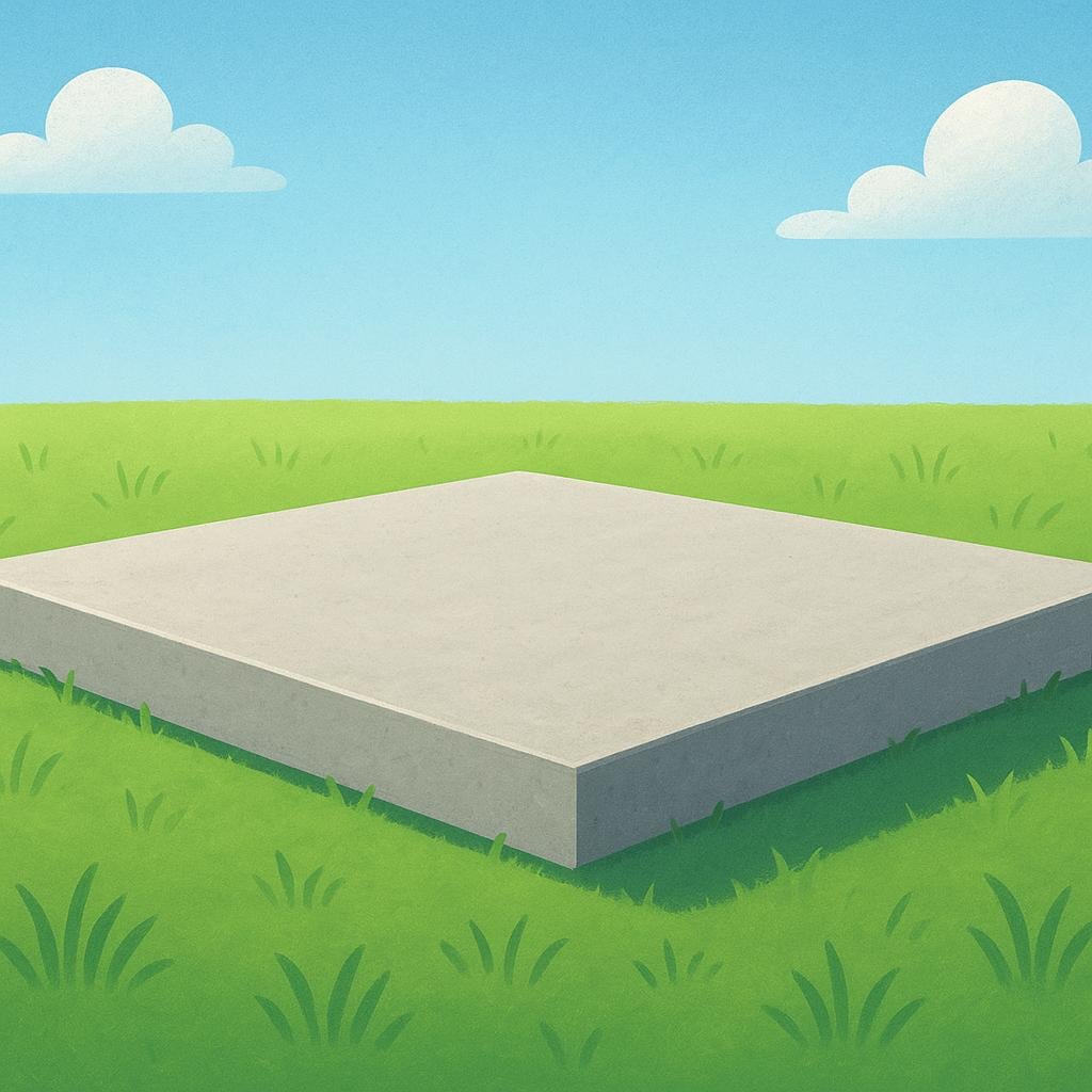 A freshly poured, smooth concrete foundation slab resting flat and finished in the middle of a green field under a clear blue sky.