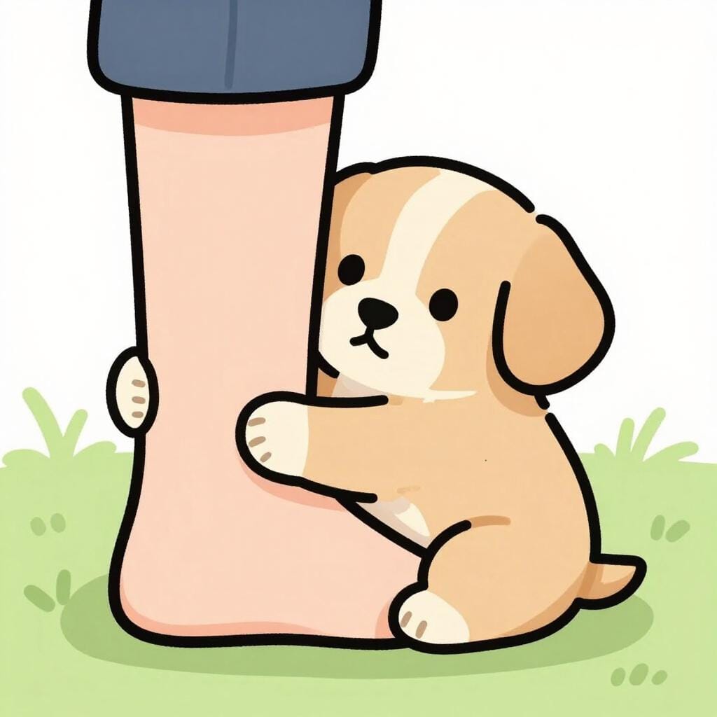 A small puppy hugging a person's leg tightly and refusing to let go.