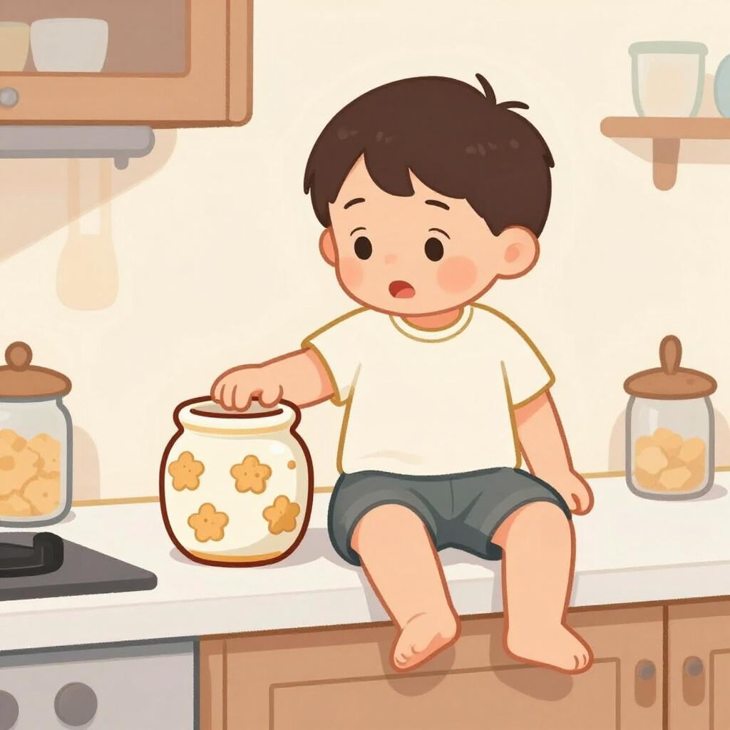 A small child being discovered with their hand inside a cookie jar on a kitchen counter.
